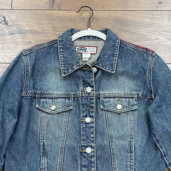 Old Navy Blue Jeans Jacket Women Medium Denim Upcycled Patchwork 80s 90s Vintage - Picture 3 of 14